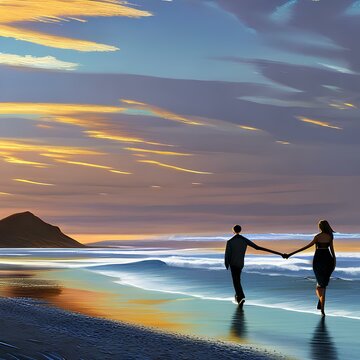 A couple taking a walk along a beach at sunset1, Generative AI