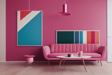 Beautiful Cute Chic Pink Mid century Modern Interior Living room Frame Made with Generative Ai 