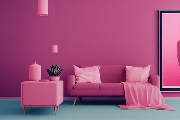 Beautiful Cute Chic Pink Mid century Modern Interior Living room Frame Made with Generative Ai 