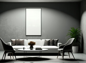 Front view on dark studio room interior with empty white poster, sofa, armchairs, dining table, grey wall, coffee table, carpet, panoramic window, concrete floor. Minimalist design. Generative AI