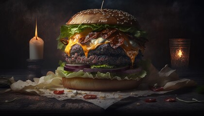 Naklejka na ściany i meble Product shot of fresh big hamburger or cheeseburger, AI Generative