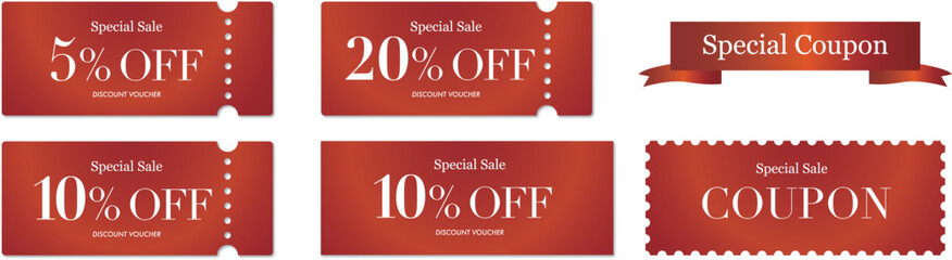 セールに使えるシンプルな赤のクーポンベクターアイコンセット