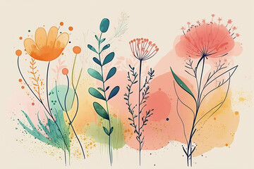 Naklejka premium Watercolor Flowers and Plants Painting, Colorful Art, White Background, Abstract Illustration, Simple Wallpaper, Poster, Web, Print, Digital Download
