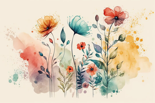 Watercolor Flowers and Plants Painting, Colorful Art, White Background, Abstract Illustration, Wallpaper, Poster, Web, Print, Digital Download