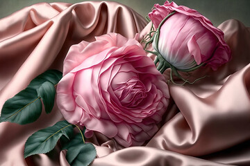 roses in pink on silky silk. Generative AI