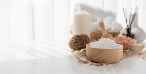 Spa accessory composition set in day spa hotel , beauty wellness center . Spa product are placed in...
