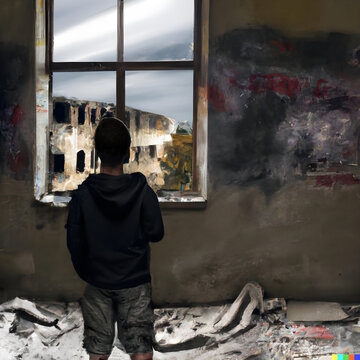 A boy in a destroyed, abandoned building, looking out the window at a war zone, ai illustration. 