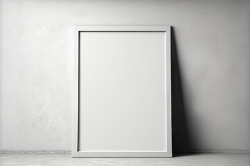 Blank frame on gray wall mock up, vertical wooden poster frame on wall, picture frame isolated on a wall, empty frame,. Generative AI