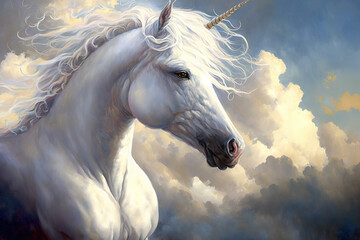 Plakat soft focus fantasy painting of a unicorn. Generative AI