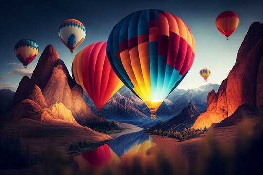 Hot air balloon above high mountain at sunrise, sunset, image ai midjourney generated