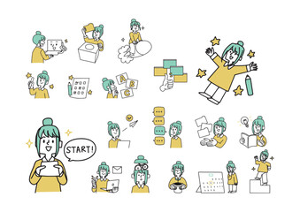 通信、オンライン教育で新しい学習にチャレンジする女性のイラストセット