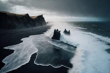 Reynisfjara Vik in Iceland is a black sand beach with enormous waves. 4K cinematic aerial video. Stunning Icelandic shoreline as seen from above. Generative AI