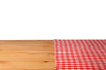 The empty wooden table covered with a color Picnic tablecloth.