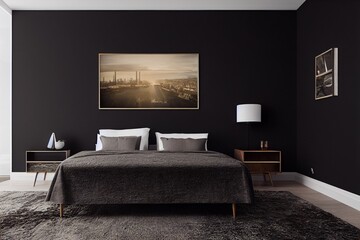 Luxurious Cozy Moody Midcentury Modern Loft Interior Primary Bedroom with black accent wall Made with Generative Ai