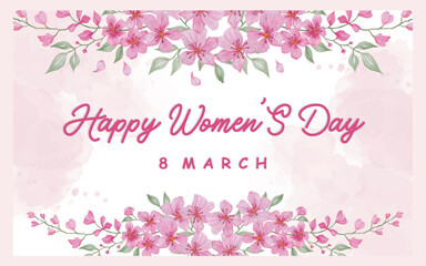 Happy women's day. 8 March vector illustration with cherry blossoms on pink background. watercolor vector illustration