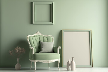 The room's furnishings and accessories are all in a simple, pastel green tone throughout the interior. copy space on a light background. for picture frames or web page backdrops. Generative AI