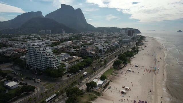 Aerial drone view of Pepe Beach At Barra Da Tijuca in Rio De Janeiro Brazil