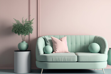 Powder pink sofa and mint light green walls light room design project. Pastel rose and teal tones are a trend. Luxe lounge with accent. Space for mockup picture, decor or paint. Generative AI