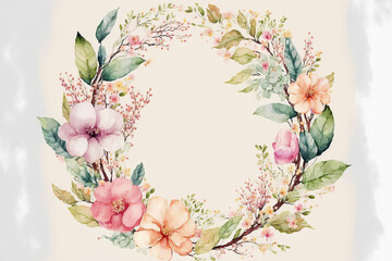 watercolor style floral wreath on a white background. Generative AI