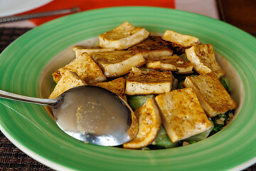 A plate of fried tofu on a serving plate