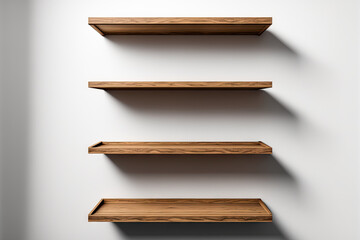 a shelf by itself Mock up of empty wooden shelves on a white wall. Generative AI