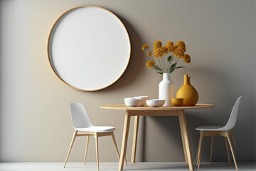 Minimalist composition of dining interior with round wooden table, design chair, furniture, kitchen stuff, vase with dried flowers, decoration, commode and accessories. Stylish home decor. Template