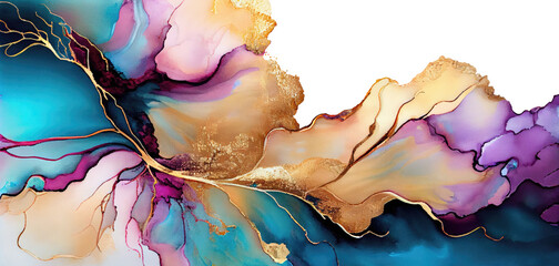 Isolated Alcohol Ink in Valentine's Day Gold, Pink and Blue. Banner Graphic Resource as background for Romance and Love graphics.