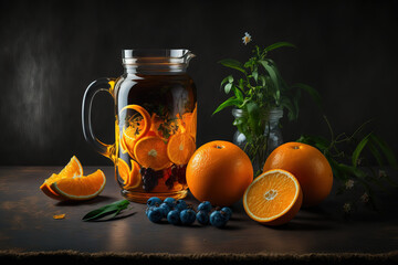 Fresh orange juice in a glass jar with fresh fruit on a dark table. Generative AI
