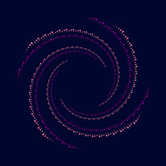 Pink and violet curvy halftone doted lines in spiral form. Segmented circle. Helix. Geometric art. Circular shape. Trendy design element for border frame, round logo, tattoo, sign, symbol, web pages
