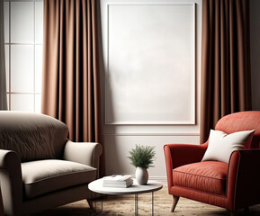 Brown drapes, a black sofa, red and beige armchairs, a coffee table, and a framed poster can be found in the interior of a white living room with loft windows. simulated toned image. Generative AI