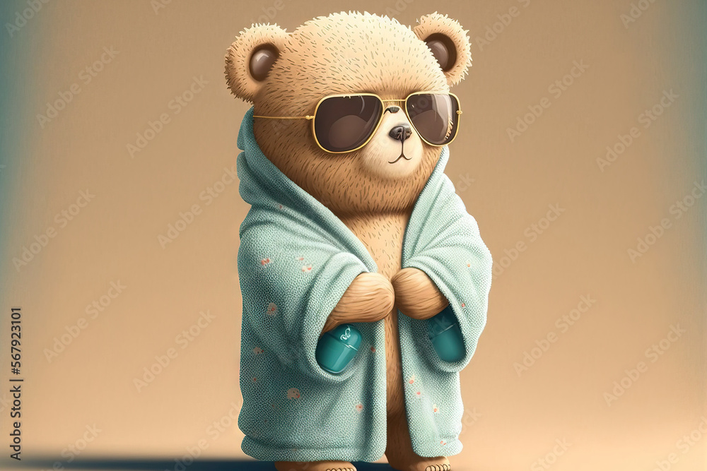 Canvas Prints lovely pretty bear doll wearing a bathrobe and sunglasses. Generative AI