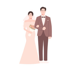 Bride and groom at wedding. Guy and girl smiling.