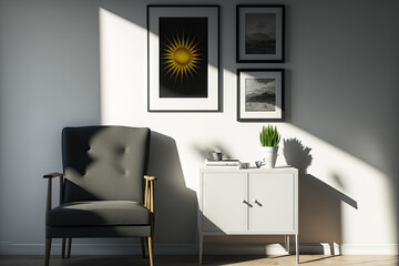Mockup of a picture frame on the wall of a living room, with an armchair, a lamp, and lovely home décor above a cabinet, as well as sunrays coming in from a window,. Generative AI