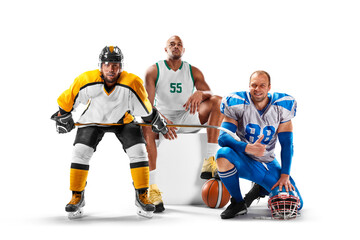 Fototapeta na wymiar Sport collage. Hockey, basketball, american football. Professional athletes. Isolated in white