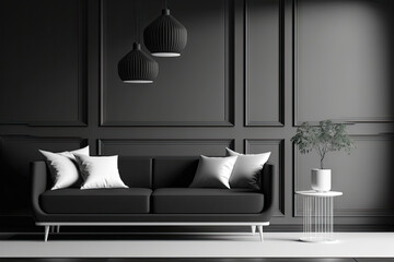 Black stylish minimalist interior with sofa, coffee table and decor. illustration mockup. Generative AI