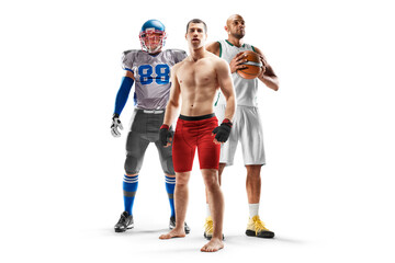 Fototapeta na wymiar Sport collage. MMA, american football, basketball. Professional athletes. Isolated in white