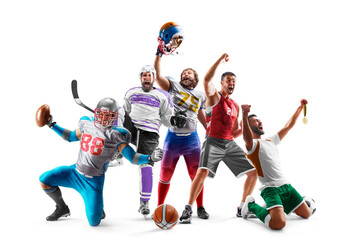 Fototapeta na wymiar Sport winners. Sport collage of professional athletes. Football, hockey, basketball, soccer. Sport emotion