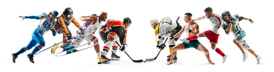 Sports competition. Sport collage of professional athletes. Football, skiing, basketball, hockey,...