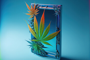 The history of cannabis today. Cannabis banner with a mirror reflection effect that is colorful and imaginative. Medical marijuana now has a fresh aesthetic. Cannabis plant in fine art photography aga