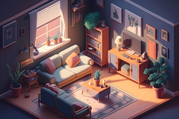 isometric living room created using Generative AI Technology