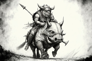 Orc riding a pig. Imaginative pencil sketch. Illustration of a monstrous beast. Generative AI