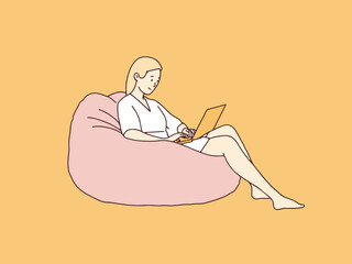 Relaxed woman with laptop sitting on bean bag simple korean style illustration
