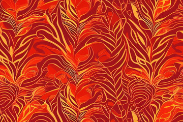 An abstract design featuring a red and orange gradient, with golden, organic looking vines and stems