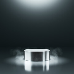 Podium black dark metal, stainless steel texture surface, chrome or silver reflection back light glow product display luxury advertisement pedestal futuristic light shadow background. 3D illustration.