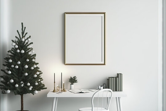 Empty white wall with table and decor in living room christmas interior. Generative AI