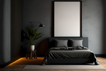 Mockup bedroom interior design and decoration in dark tone bedding grey carpet on wooden parquet floor empty photo frame on concrete wall. s. Generative AI