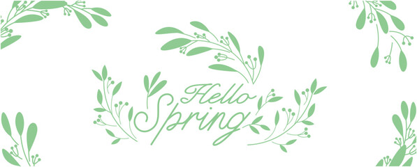 Hello spring illustration. Green leaves and natural pattern decoration spring graphic. spring time seamless pattern background for promotion. graphic design and banner. Vector illustration.