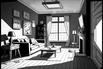Black and white interior drawing of a room in a house illustration. Generative AI