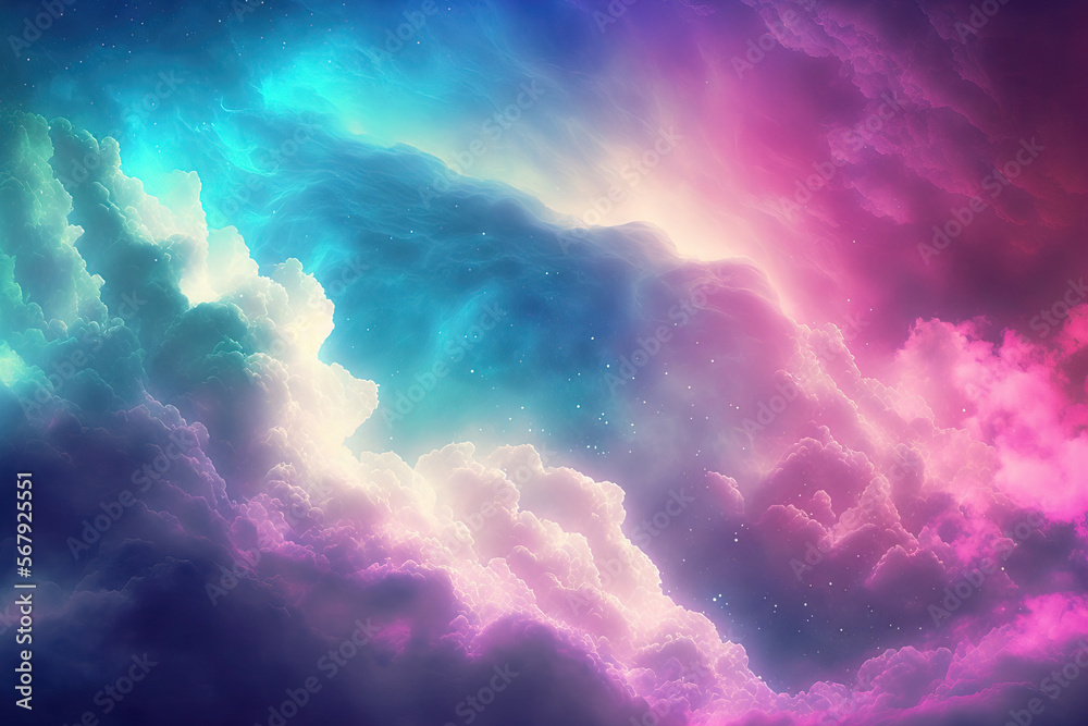 Sticker Beautiful blue pink purple green lilac light filled heavenly ethereal cloud scape symbolizing the skies above is featured in this celestial concept background banner. Generative AI