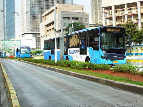 Transjakarta brt on journey on june 6, 2019 in  jakarta, indonesia .